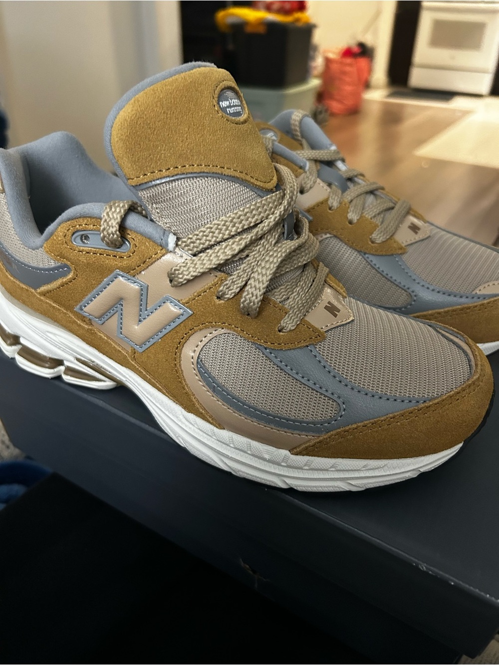 New Balance Gray and Tan Suede Mesh Trainers